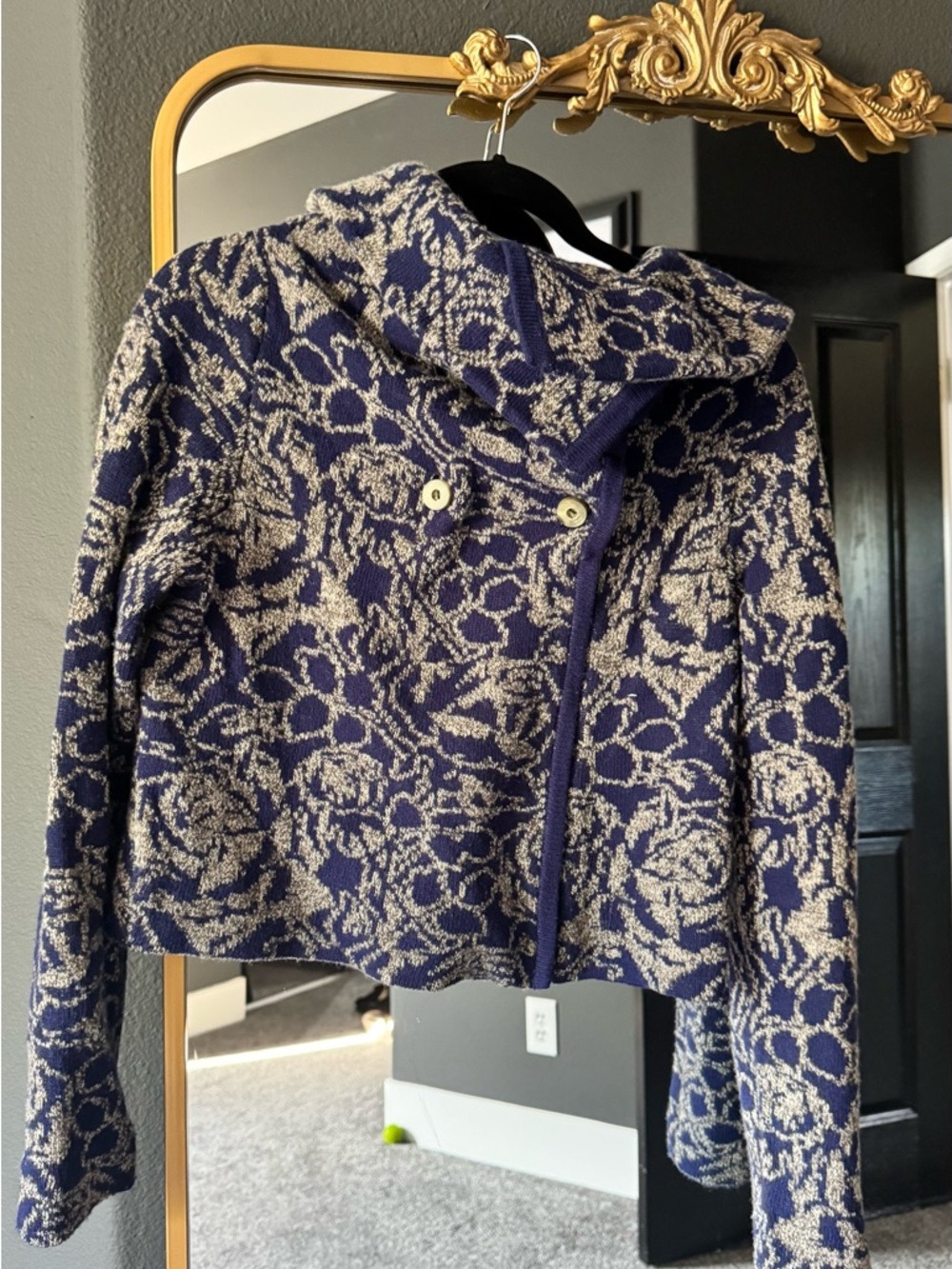 Anthropologie Navy and Cream Floral Knit Blazer Jacket